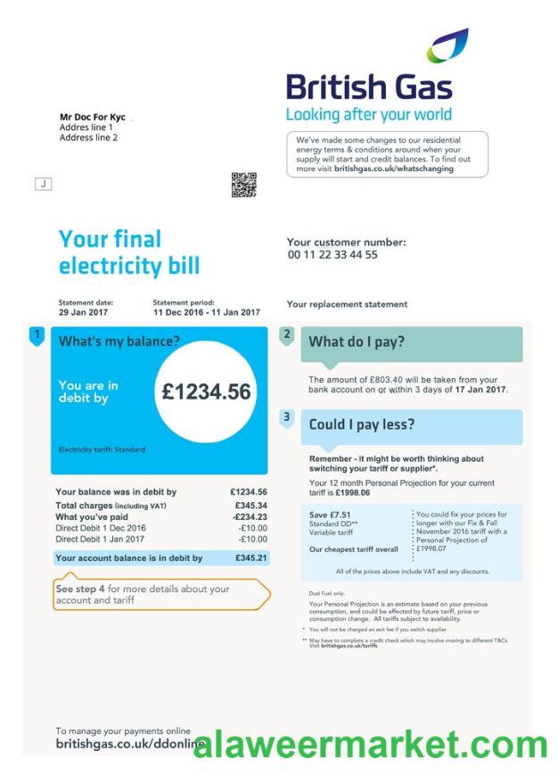 United Kingdom British Gas bill template